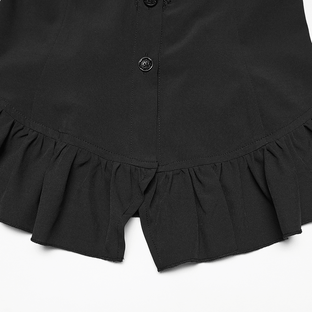 Women's Gothic Chiffon Lace Blouse with Ruffle Collar, elegant black blouse featuring a ruffled hem and buttons.