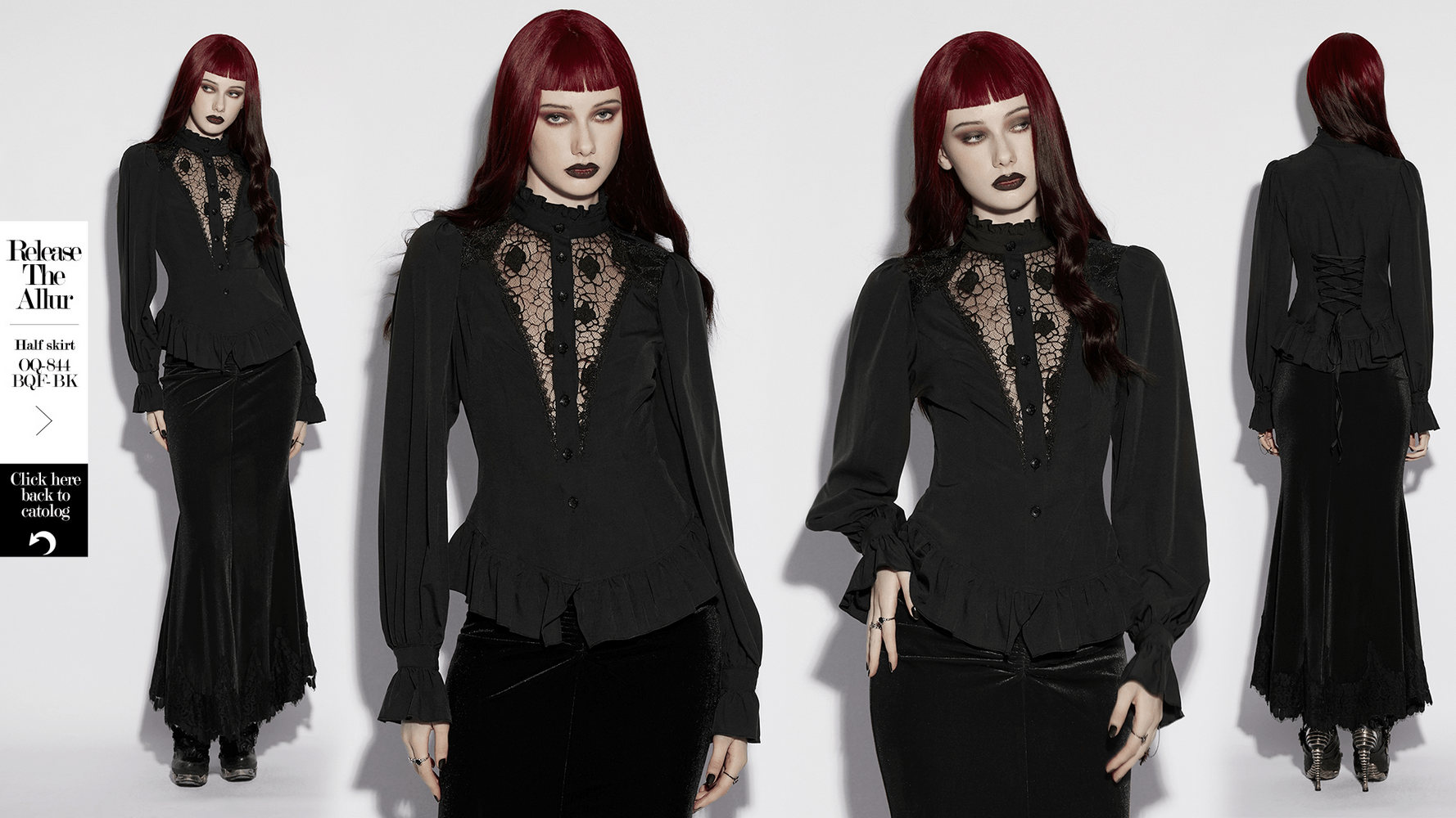 Women's Gothic Chiffon Lace Blouse with Ruffle Collar worn by model in a stylish gothic outfit.