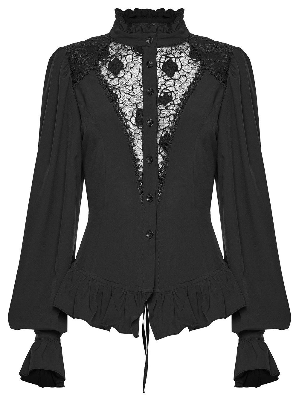 Women's Gothic Chiffon Lace Blouse with Ruffle Collar featuring elegant lace and ruffle details.