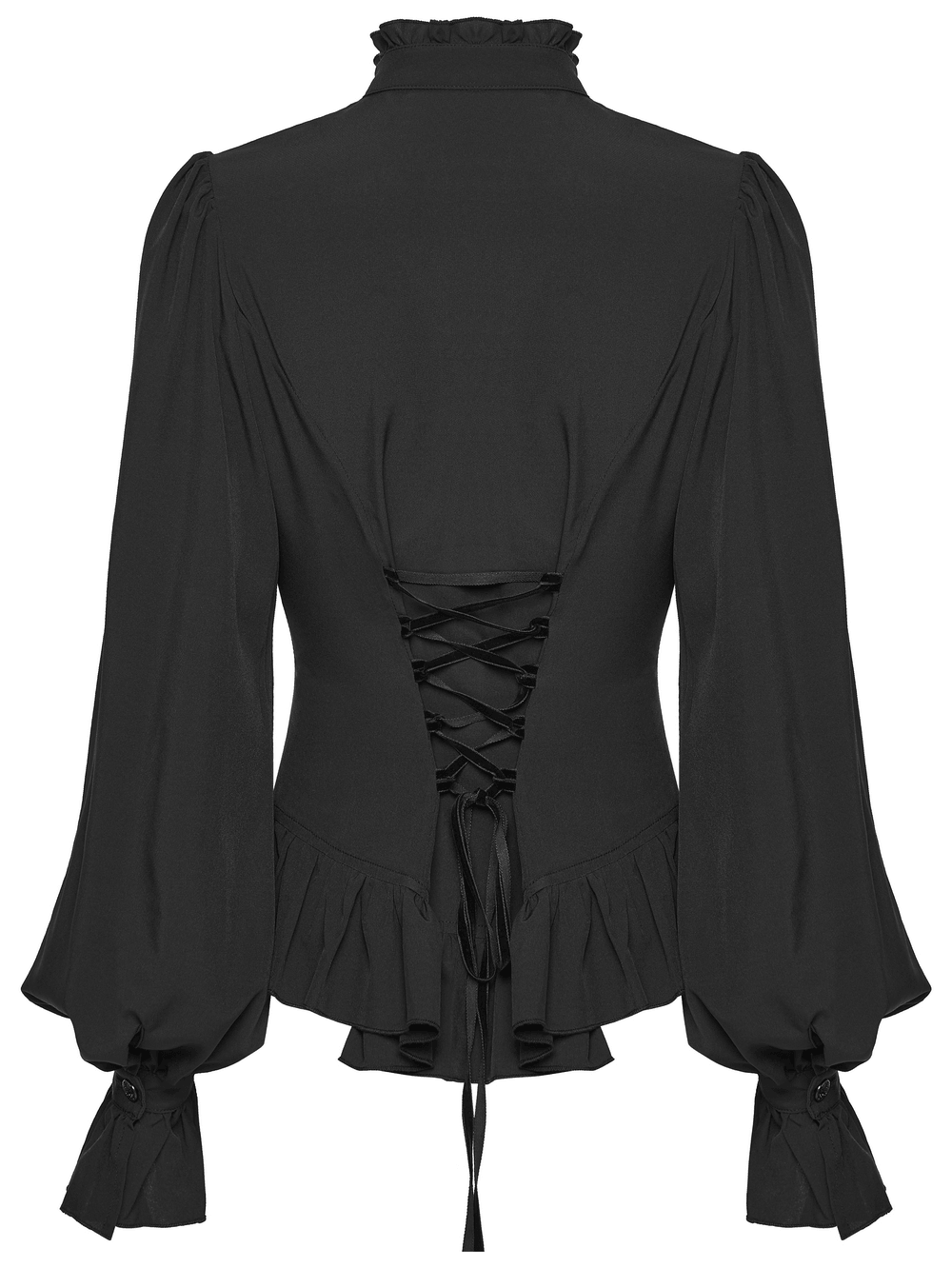 Back view of Women's Gothic Chiffon Lace Blouse with Ruffle Collar showcasing lace-up detail.