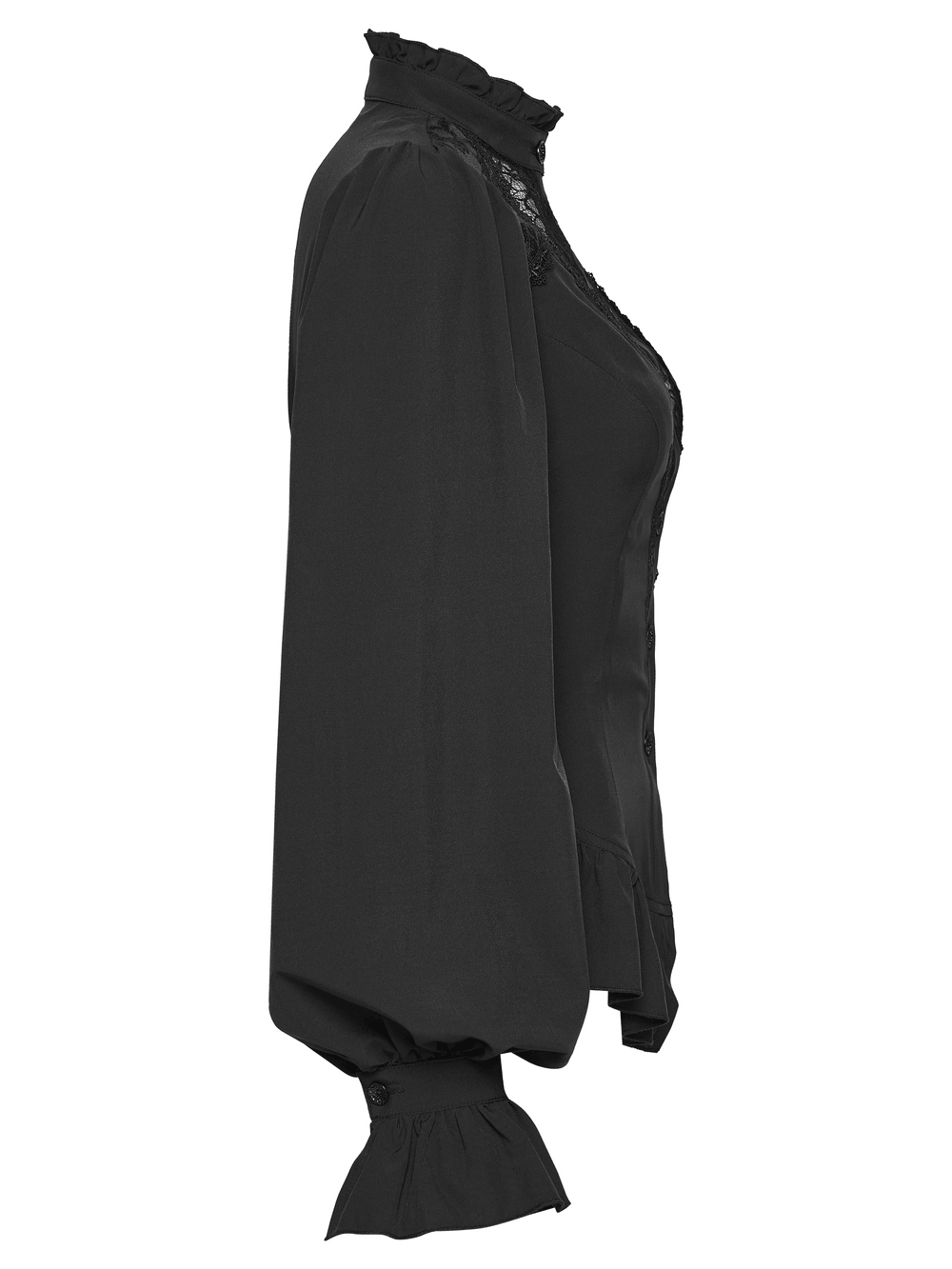 Women's Gothic Chiffon Lace Blouse with Ruffle Collar shown in elegant side view.
