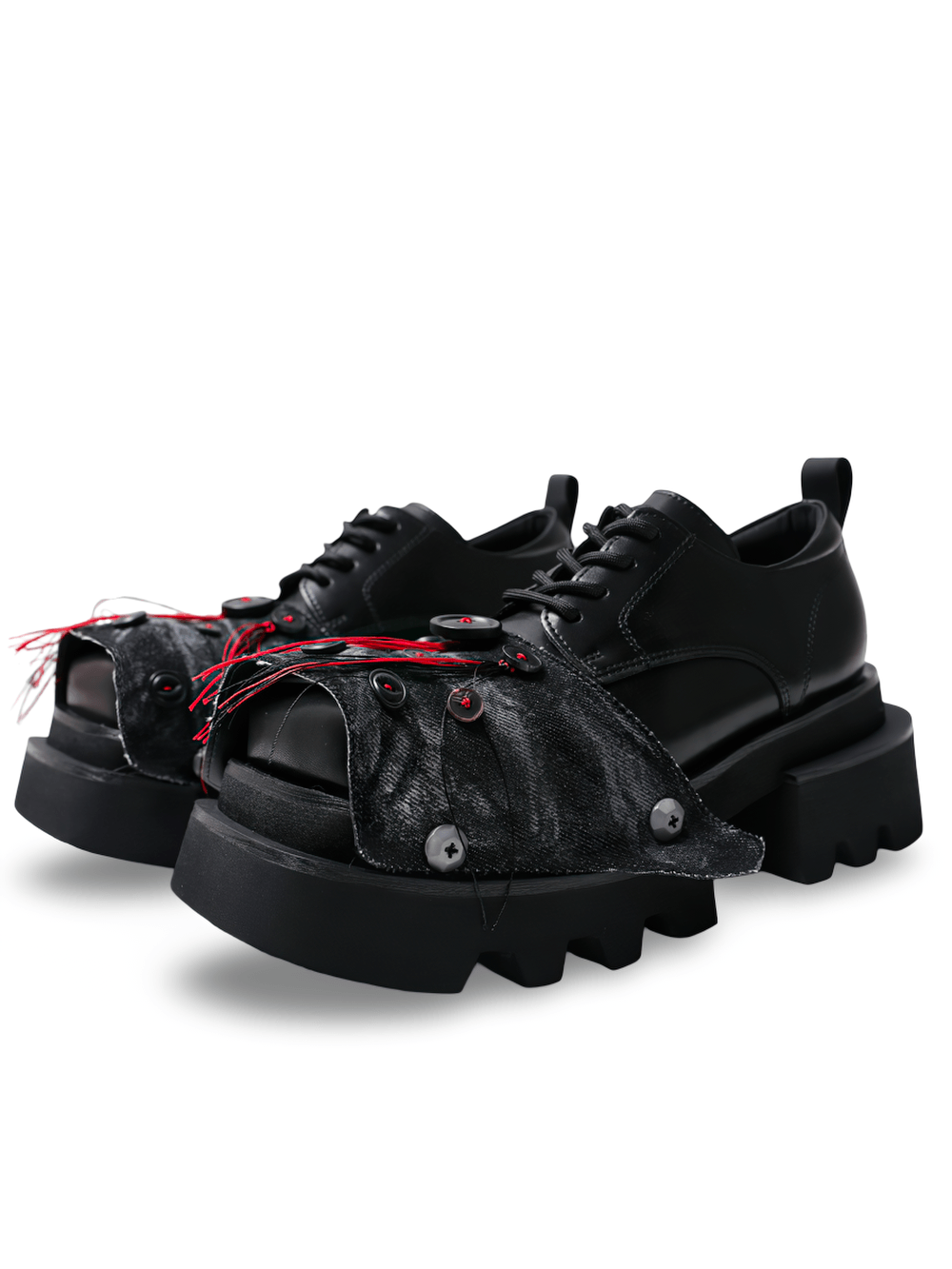 Women's Gothic Chunky Platform Shoes with Red Stitching black lace-up derby oxfords with denim toe panels
