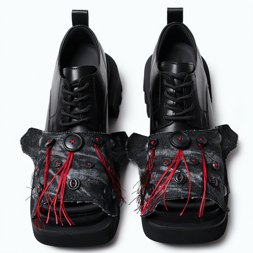 Women's Gothic Chunky Platform Shoes with Red Stitching black lace-up derby oxfords with denim toe panels and red accents