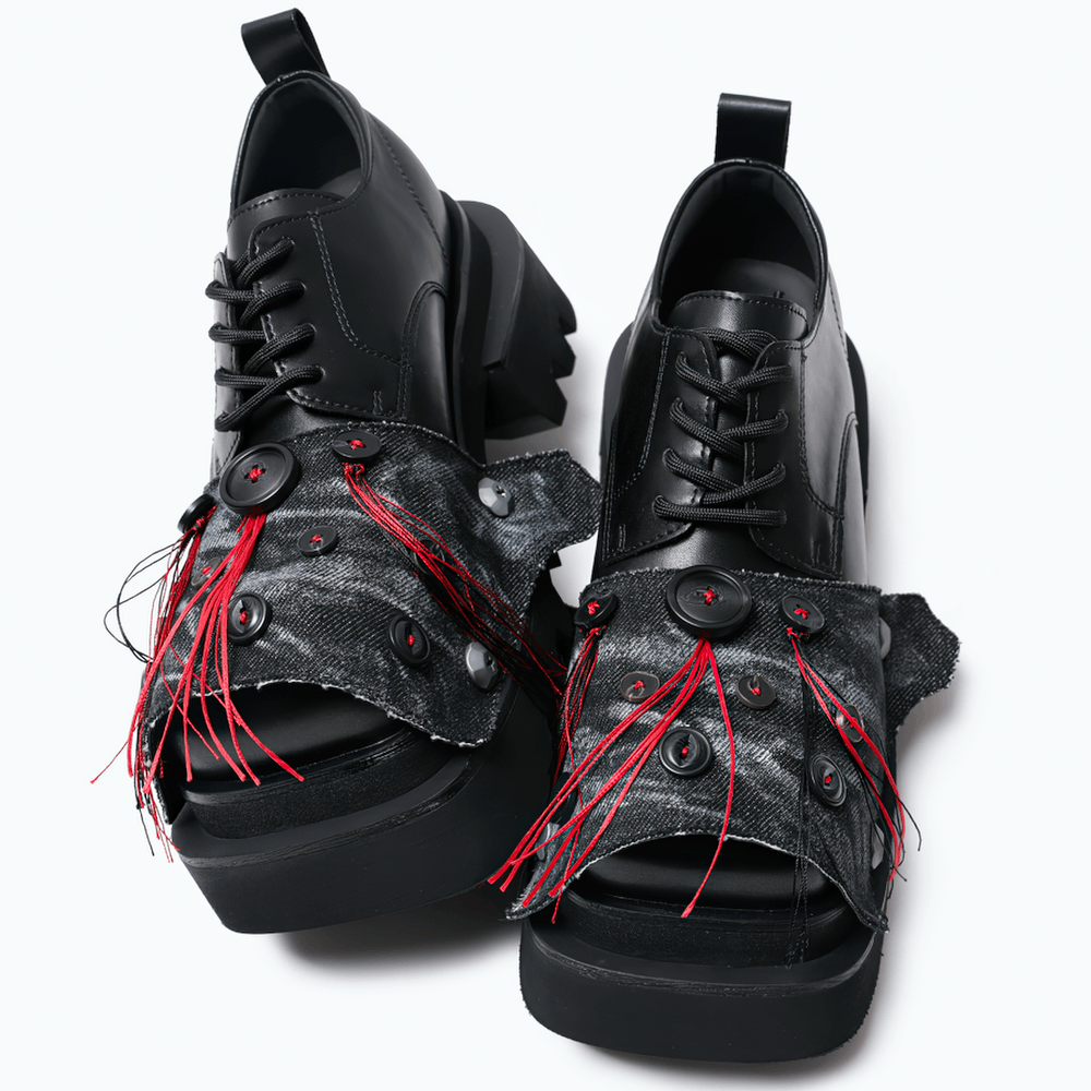 Women's Gothic Chunky Platform Shoes with Red Stitching black derby oxfords with denim toe panels, metal rivets, and lugged platforms