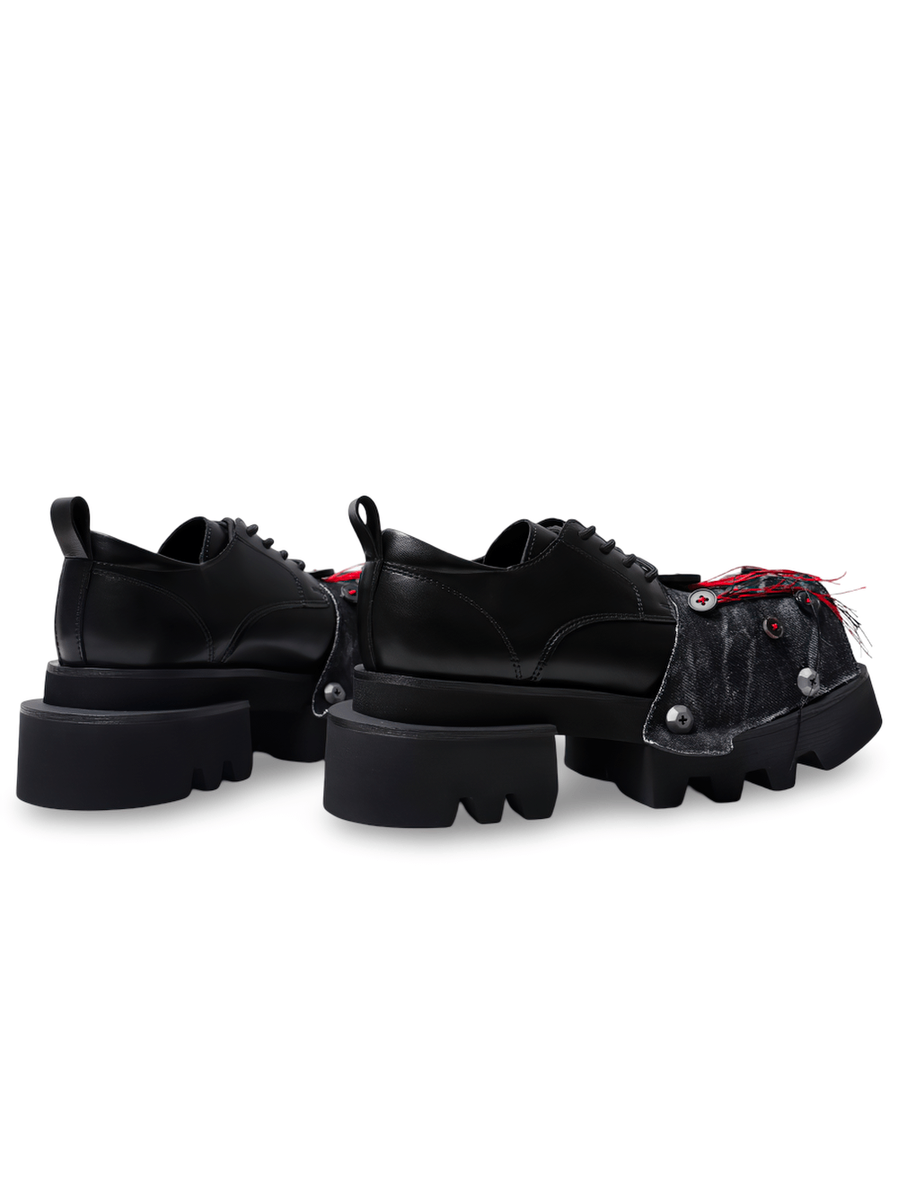 Women's Gothic Chunky Platform Shoes with Red Stitching, black lace-up derby oxfords with denim panels
