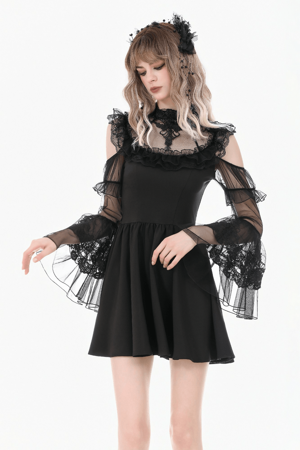 Women's Gothic Cold Shoulder Mini Dress with Lace Sleeves featuring sheer ruffle details and layered lace sleeves.