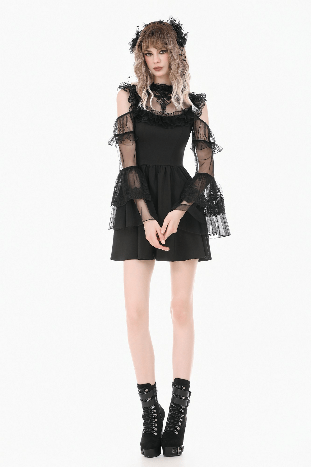 Women's Gothic Cold Shoulder Mini Dress with Lace Sleeves featuring sheer ruffle details and a fitted bodice.