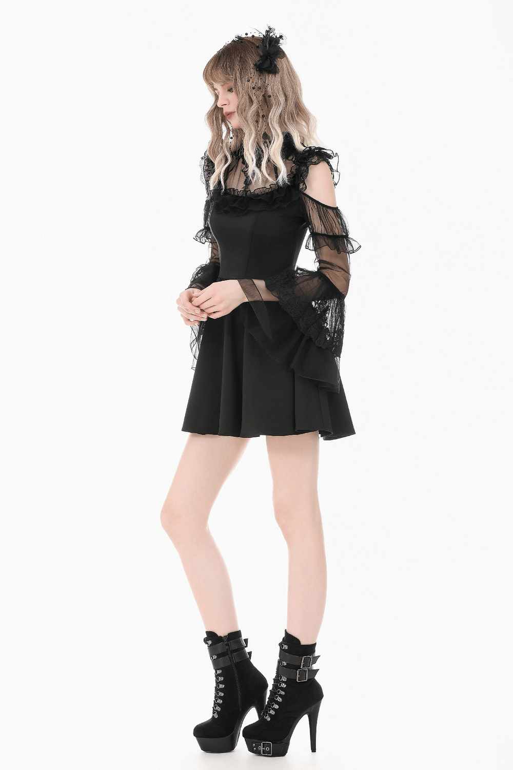 Women's Gothic Cold Shoulder Mini Dress with Lace Sleeves worn by model showcasing black lace and ruffle details.