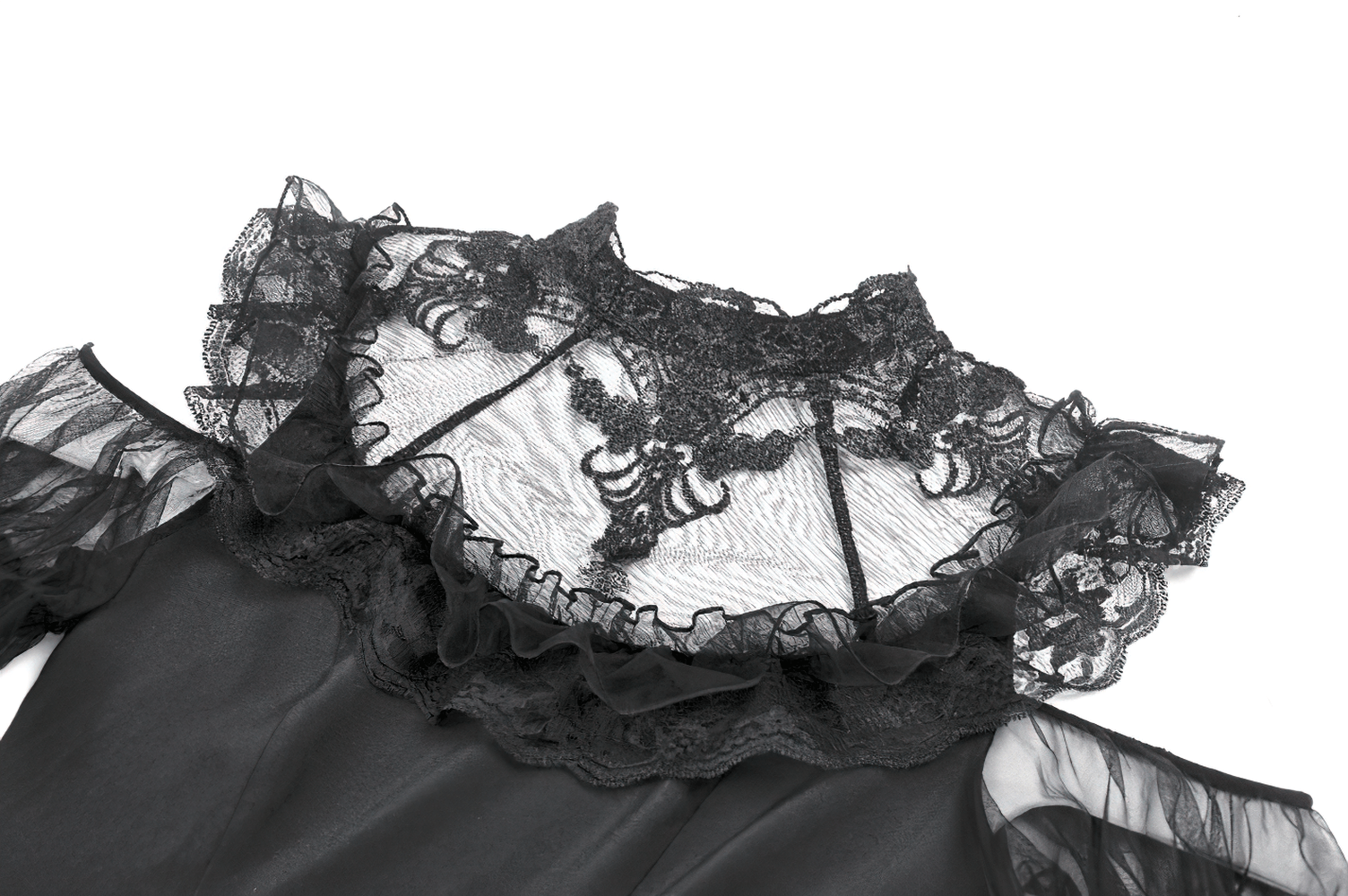 Women's Gothic Cold Shoulder Mini Dress with Lace Sleeves featuring sheer lace and ruffle details at the neckline.