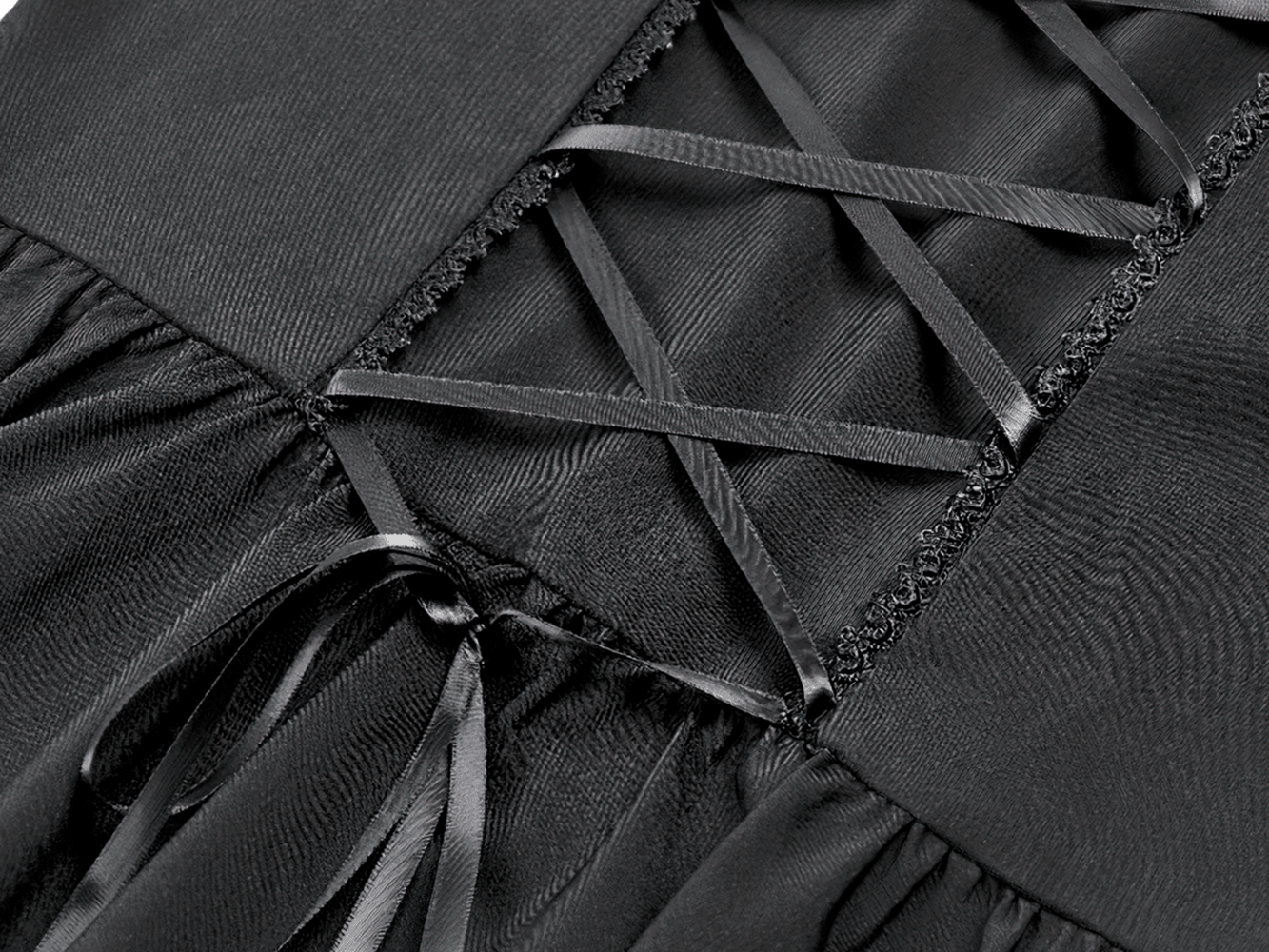 Close-up of the lace-up back detail on the Women's Gothic Cold Shoulder Mini Dress with Lace Sleeves.