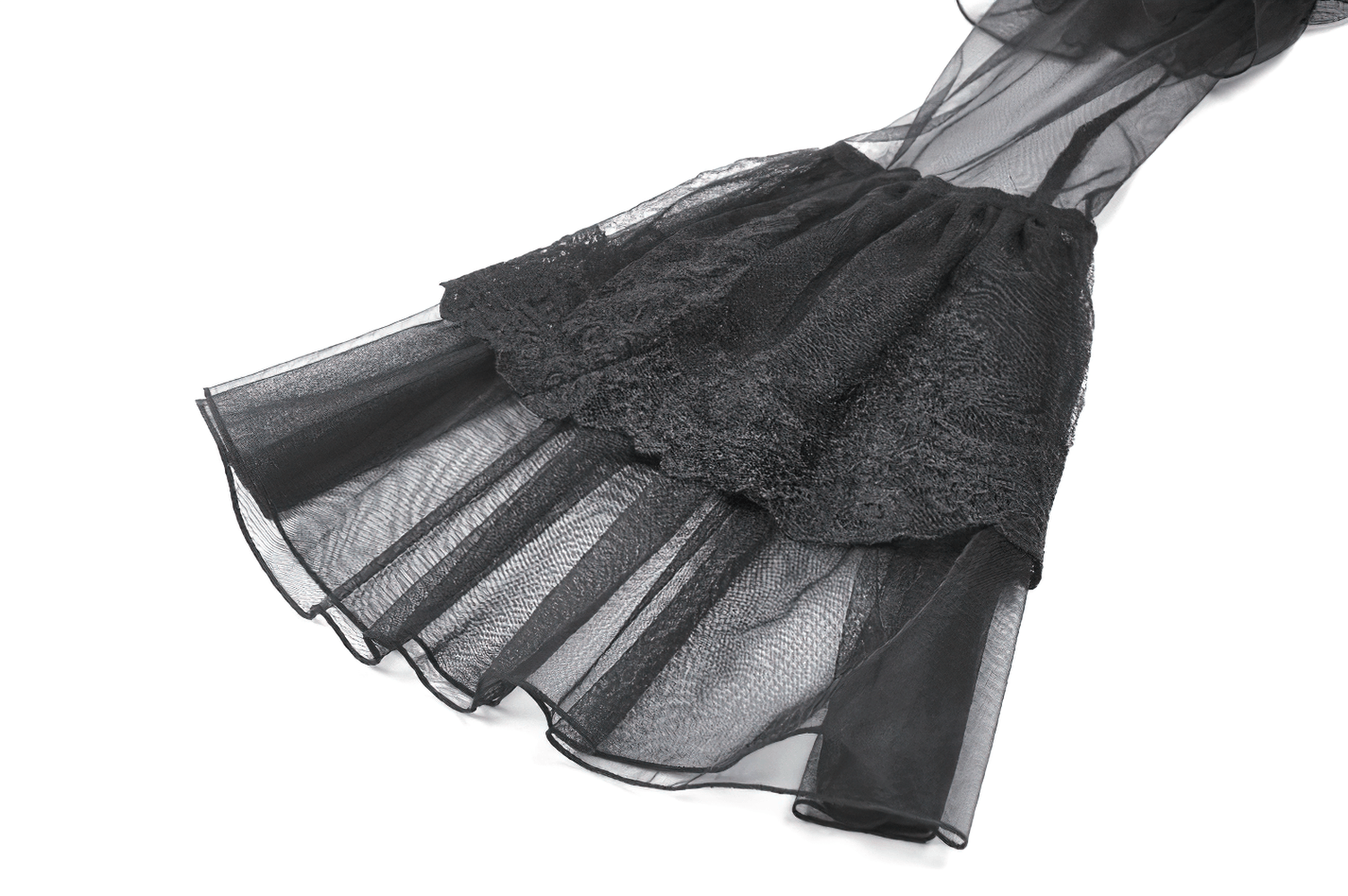 Women's Gothic Cold Shoulder Mini Dress with Lace Sleeves sheer ruffle and lace details close-up