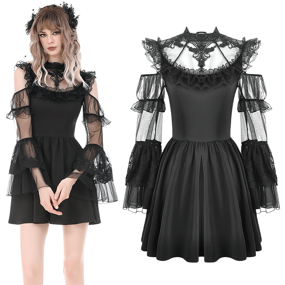Women's Gothic Cold Shoulder Mini Dress with Lace Sleeves featuring sheer ruffle details and a flared skirt.