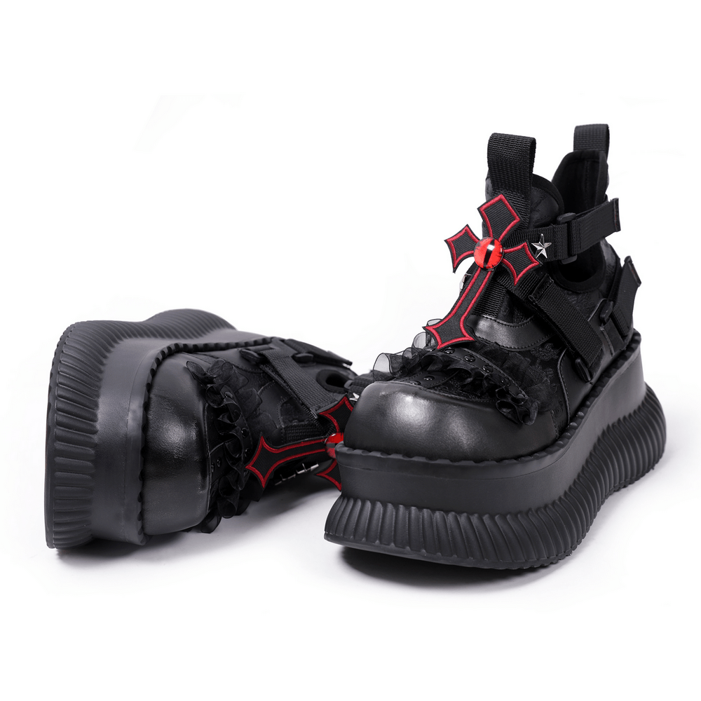 Women's Gothic Cross Strap Platform Mary Jane Shoes with black chunky soles, red cross accents and ruffle trim