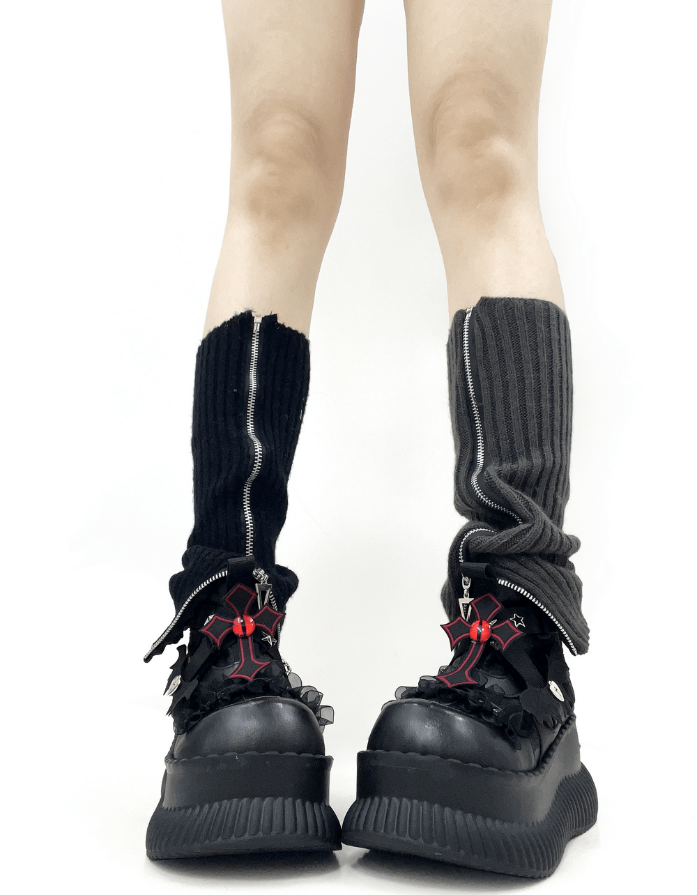 Women's Gothic Cross Strap Platform Mary Jane Shoes black punk platform creepers with chunky soles, red cross charm, and ribbed legwarmers