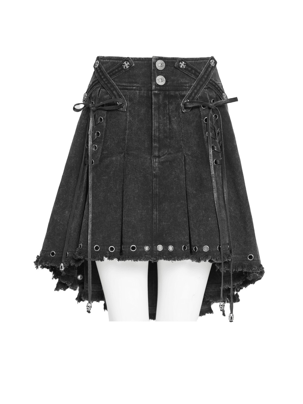 Women's Gothic Denim Skirt with Lace-Up Strap Details featuring pleats, grommet hem, and distressed edge.