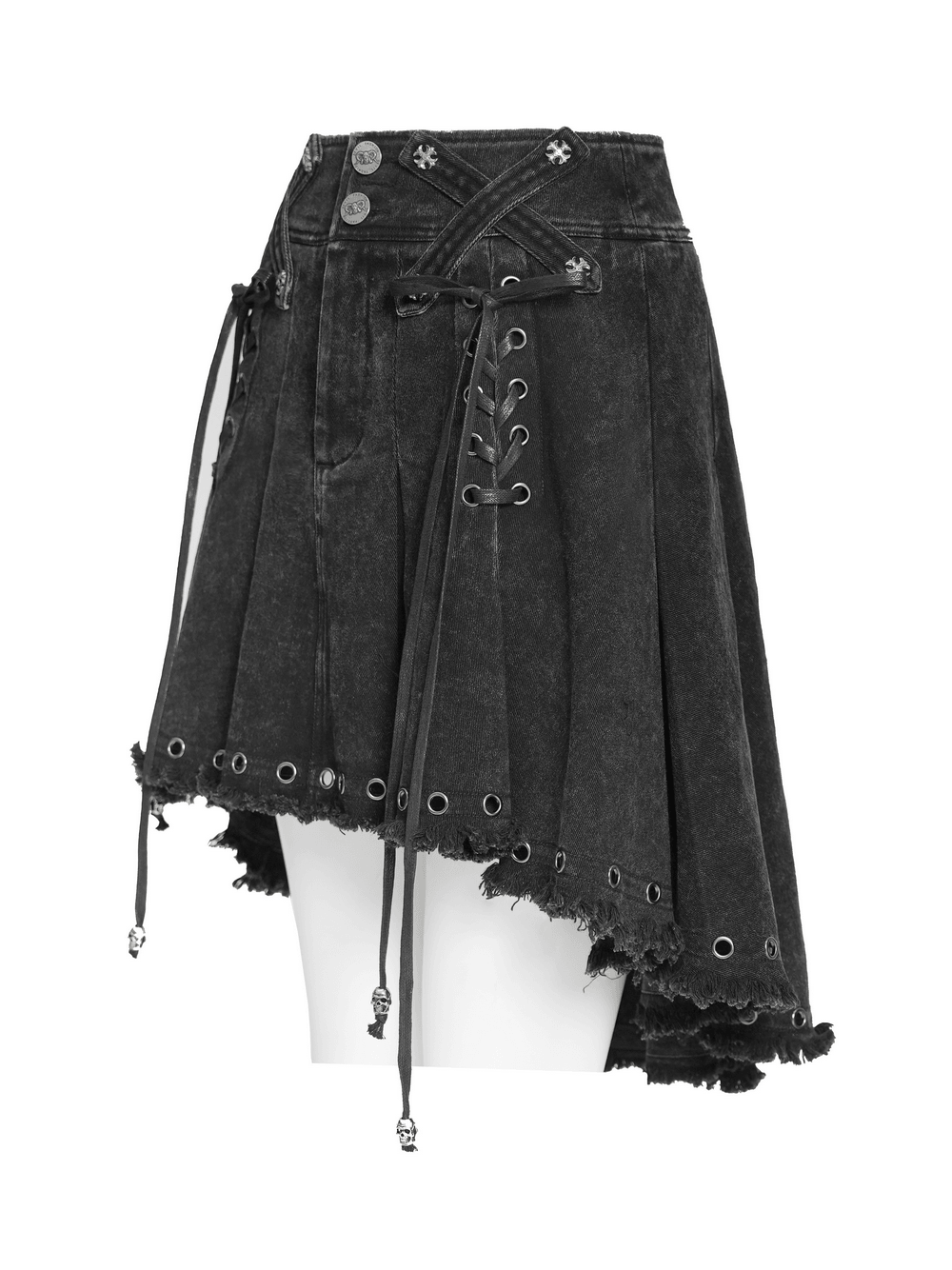 Women's Gothic Denim Skirt with Lace-Up Strap Details featuring grommet hem and distressed finish.