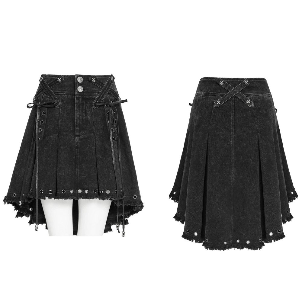 Women's Gothic Denim Skirt with Lace-Up Strap Details featuring a pleated design and punk grommet accents.