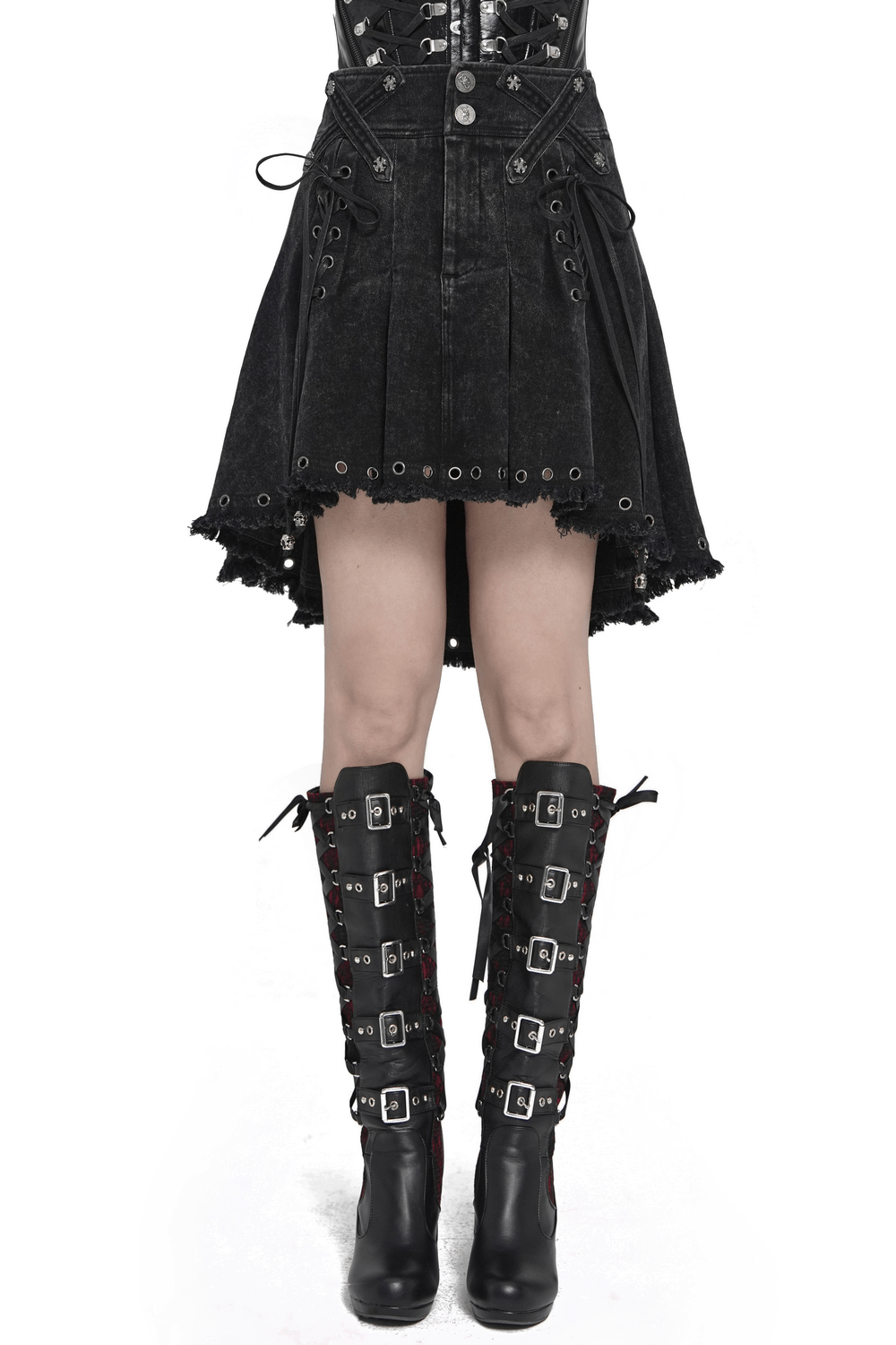 Women's Gothic Denim Skirt with Lace-Up Strap Details features a distressed pleated design and punk-inspired grommet accents.