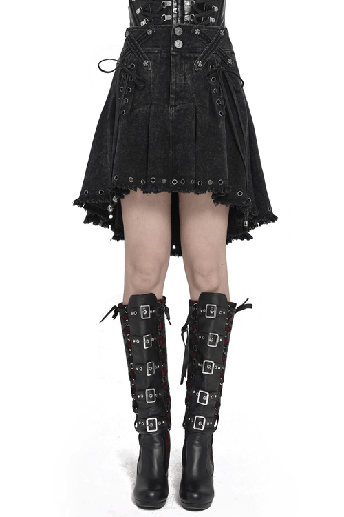 Women's Gothic Denim Skirt with Lace-Up Strap Details