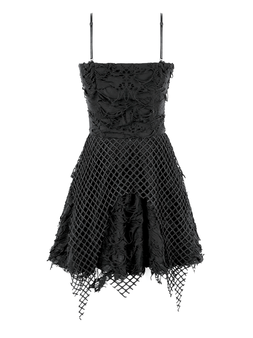 Women's Gothic Distressed Mesh Chain Mini Dress, punk black lace dress with straps, mesh panels, and raw-edge hem