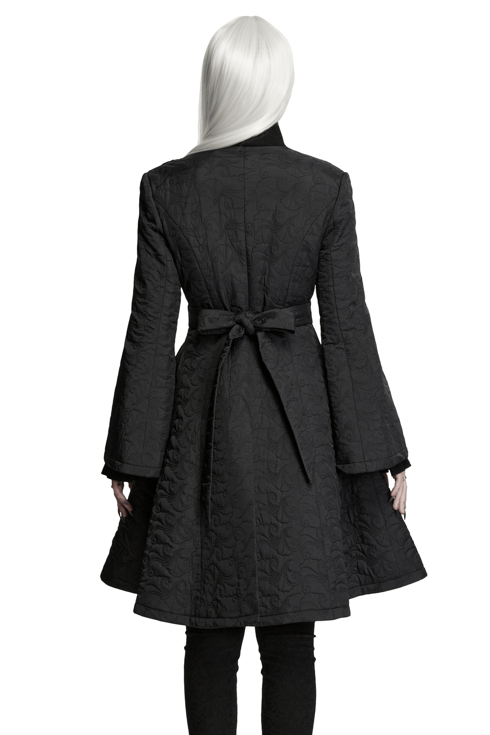 Back view of a model wearing a Women's Gothic Embroidered Black A-Line Victorian Coat.