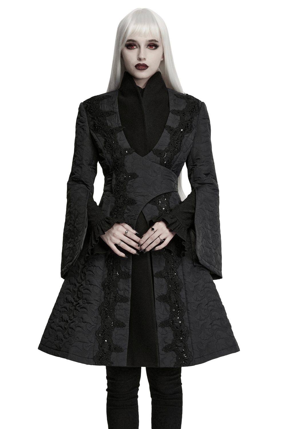 Women's Gothic Embroidered Black A-Line Victorian Coat modeled by a model with striking features and a dramatic look.