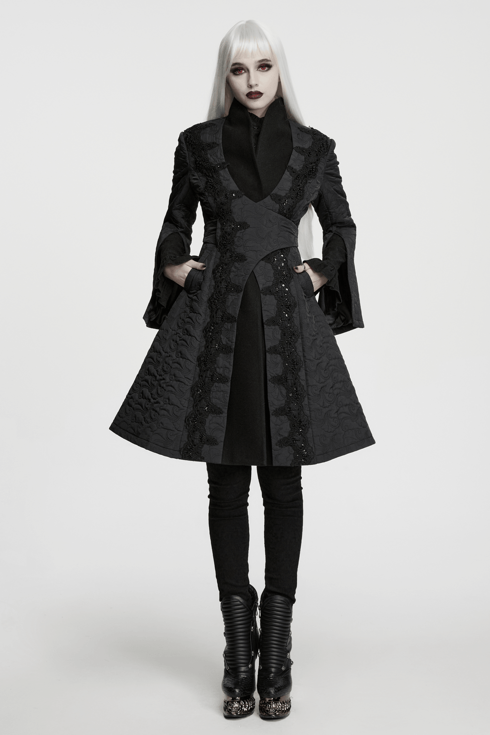 Women's Gothic Embroidered Black A-Line Victorian Coat styled with unique embellishments and a dramatic silhouette.