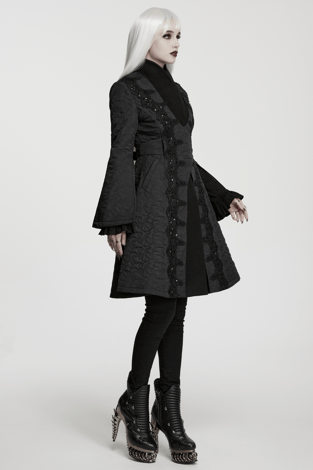 Women's Gothic Embroidered Black A-Line Victorian Coat displayed on a model with stylish accessories.