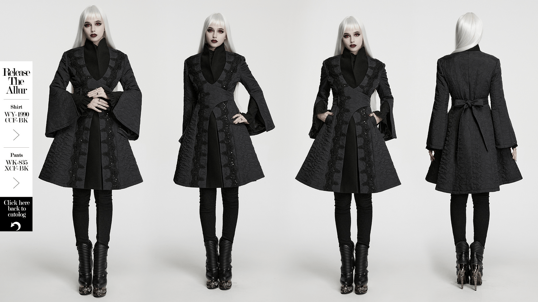Women's Gothic Embroidered Black A-Line Victorian Coat displayed from multiple angles with striking design details.