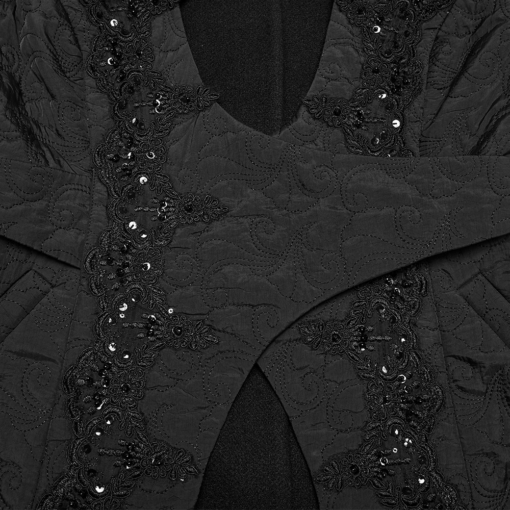 Close-up of intricate black embroidery on Women's Gothic Embroidered Black A-Line Victorian Coat.