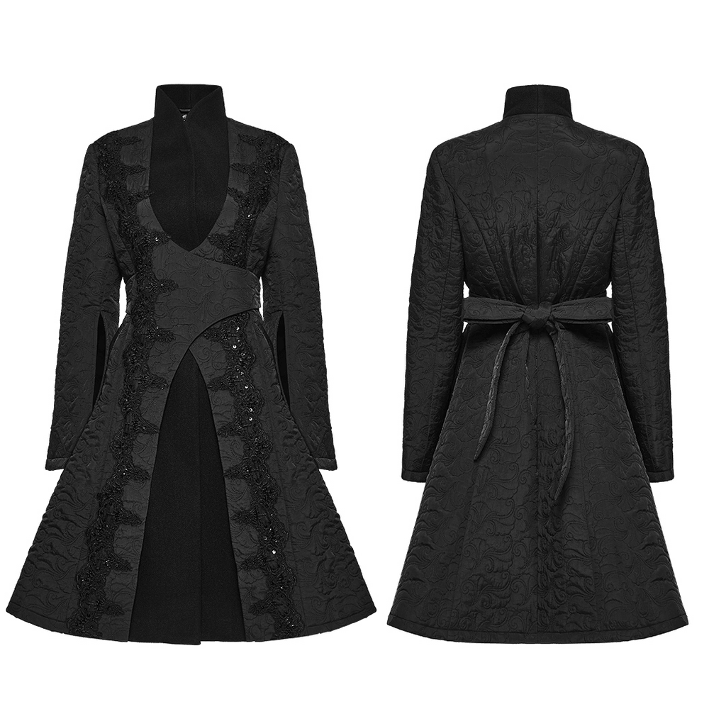 Women’s Gothic Embroidered Black A-Line Victorian Coat featuring intricate embroidery and a stylish belt.