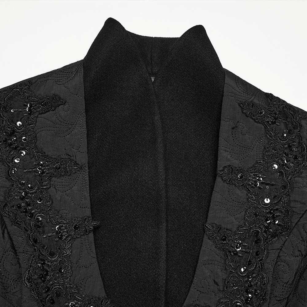 Close-up of Women's Gothic Embroidered Black A-Line Victorian Coat showcasing elegant embroidery and detailing.