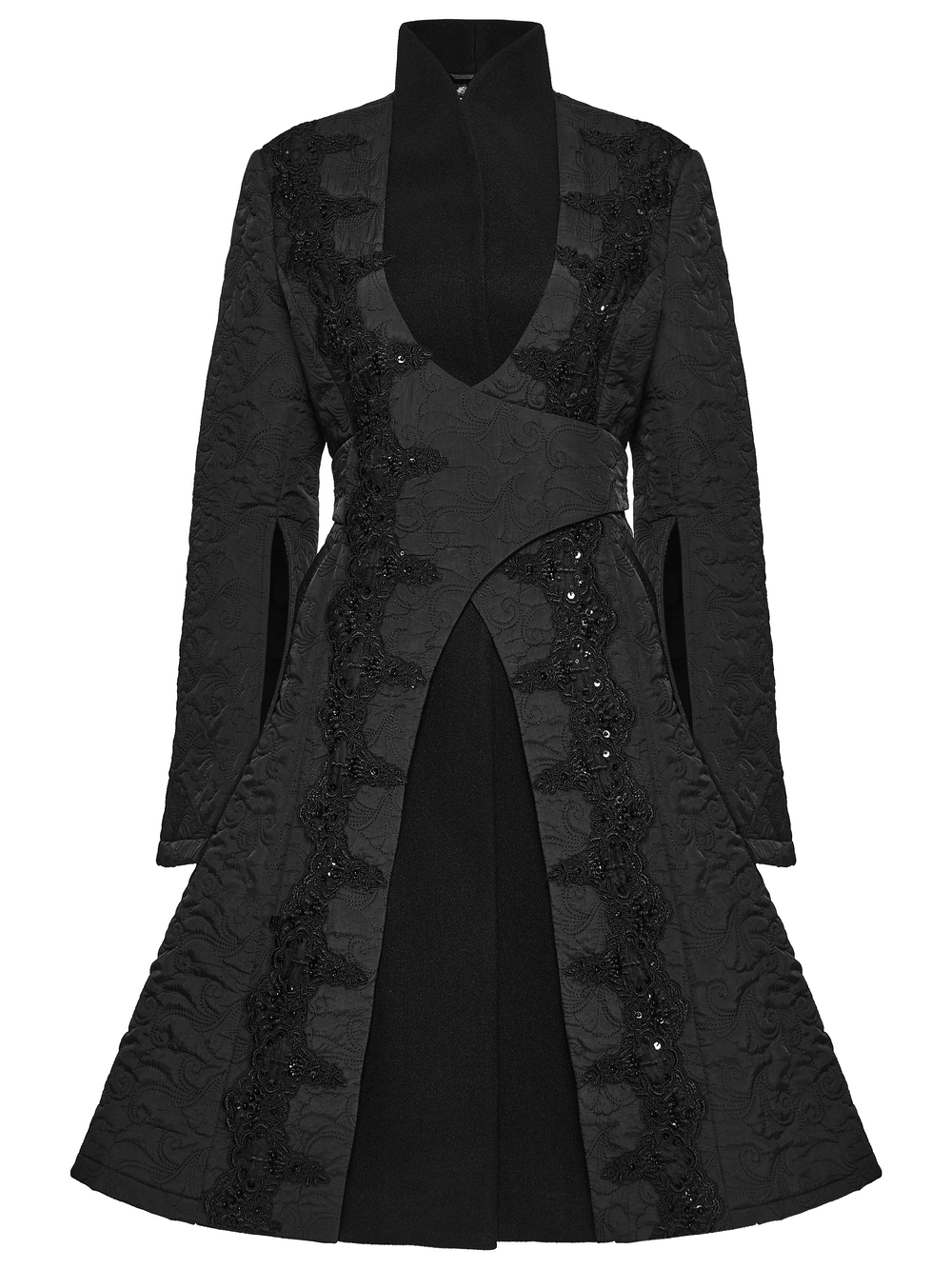 Women's Gothic Embroidered Black A-Line Victorian Coat featuring intricate designs and elegant flair.