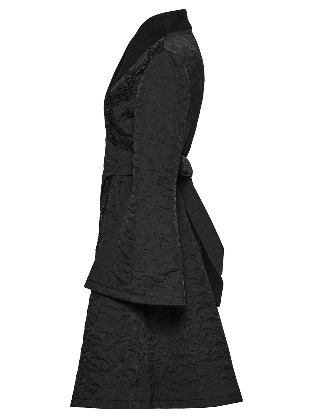 Women's Gothic Embroidered Black A-Line Victorian Coat showcased from the side, featuring a stylish design and elegant details.