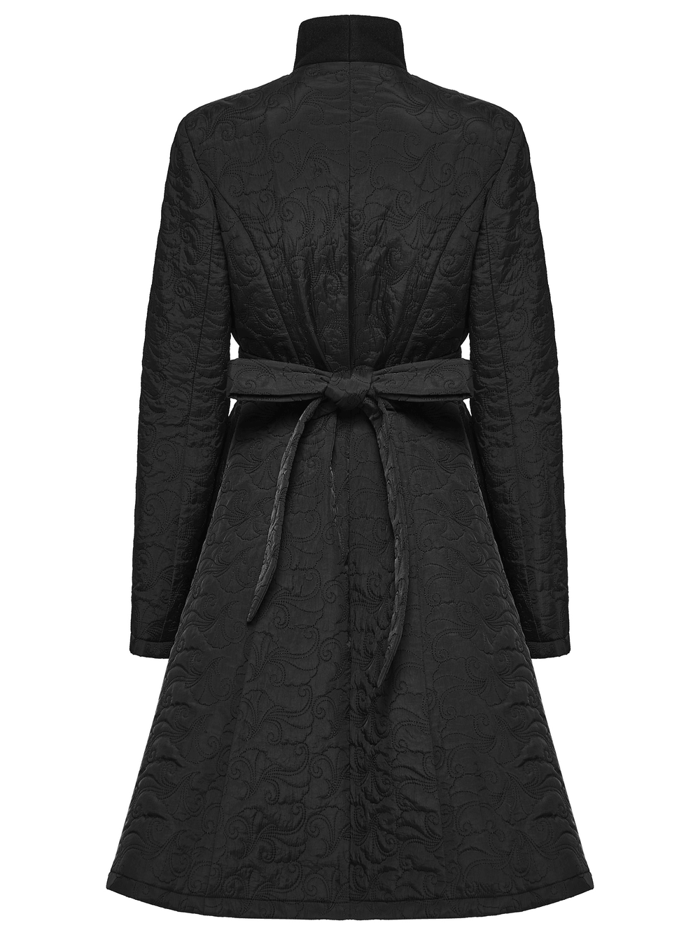 Back view of Women's Gothic Embroidered Black A-Line Victorian Coat with tied belt and intricate design.
