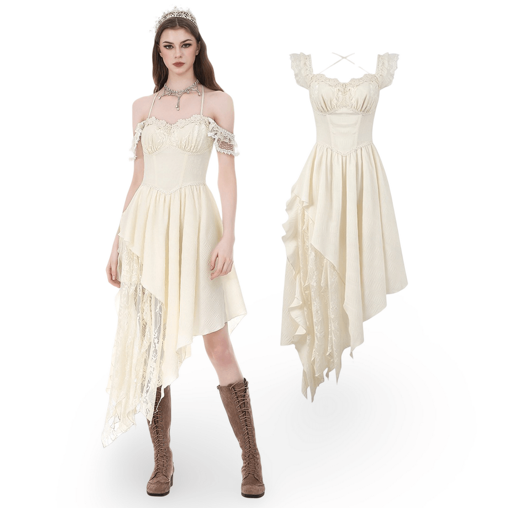 Women's Gothic Fairy Dress with Lace Off Shoulders in beige with asymmetric skirt and lace details.