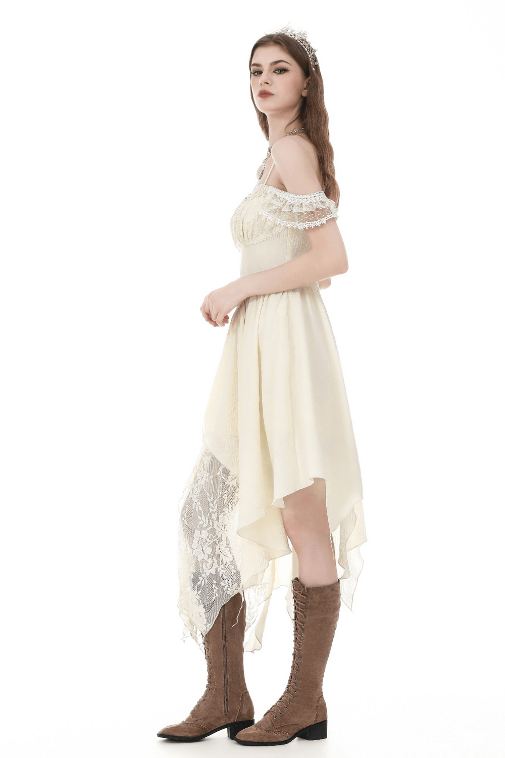 Women's Gothic Fairy Dress with Lace Off Shoulders featuring lace trims and an asymmetric skirt.