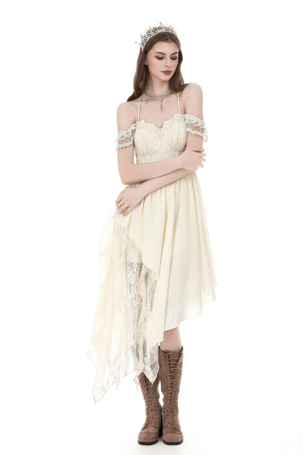 Women's Gothic Fairy Dress with Lace Off Shoulders featuring asymmetric skirt and lace-trimmed sleeves.