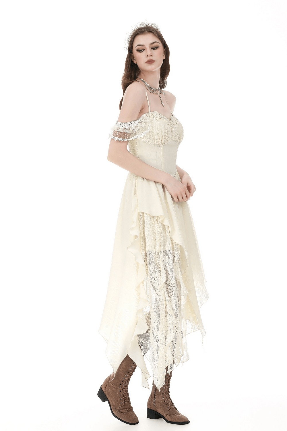 Women's Gothic Fairy Dress with Lace Off Shoulders showcases an ethereal style with lace accents and a layered asymmetric skirt.