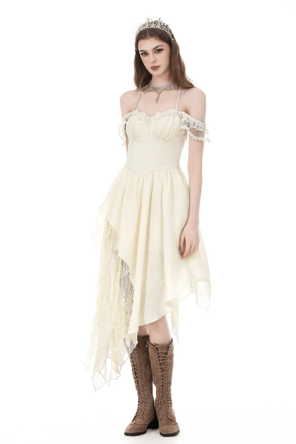 Women's Gothic Fairy Dress with Lace Off Shoulders, featuring lace-trimmed sleeves and an asymmetric skirt.