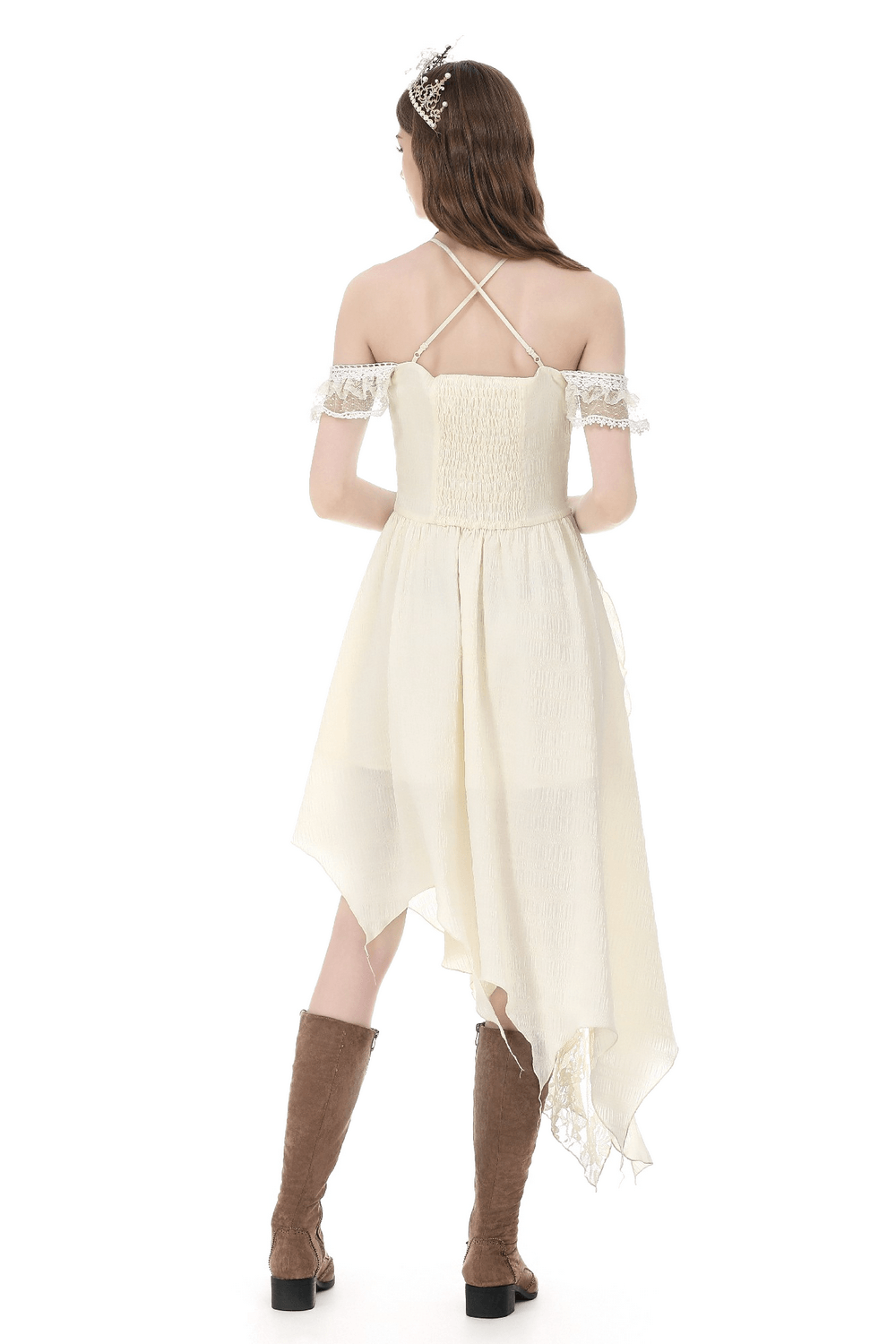 Women's Gothic Fairy Dress with Lace Off Shoulders - back view showcasing lace trim and asymmetric skirt.