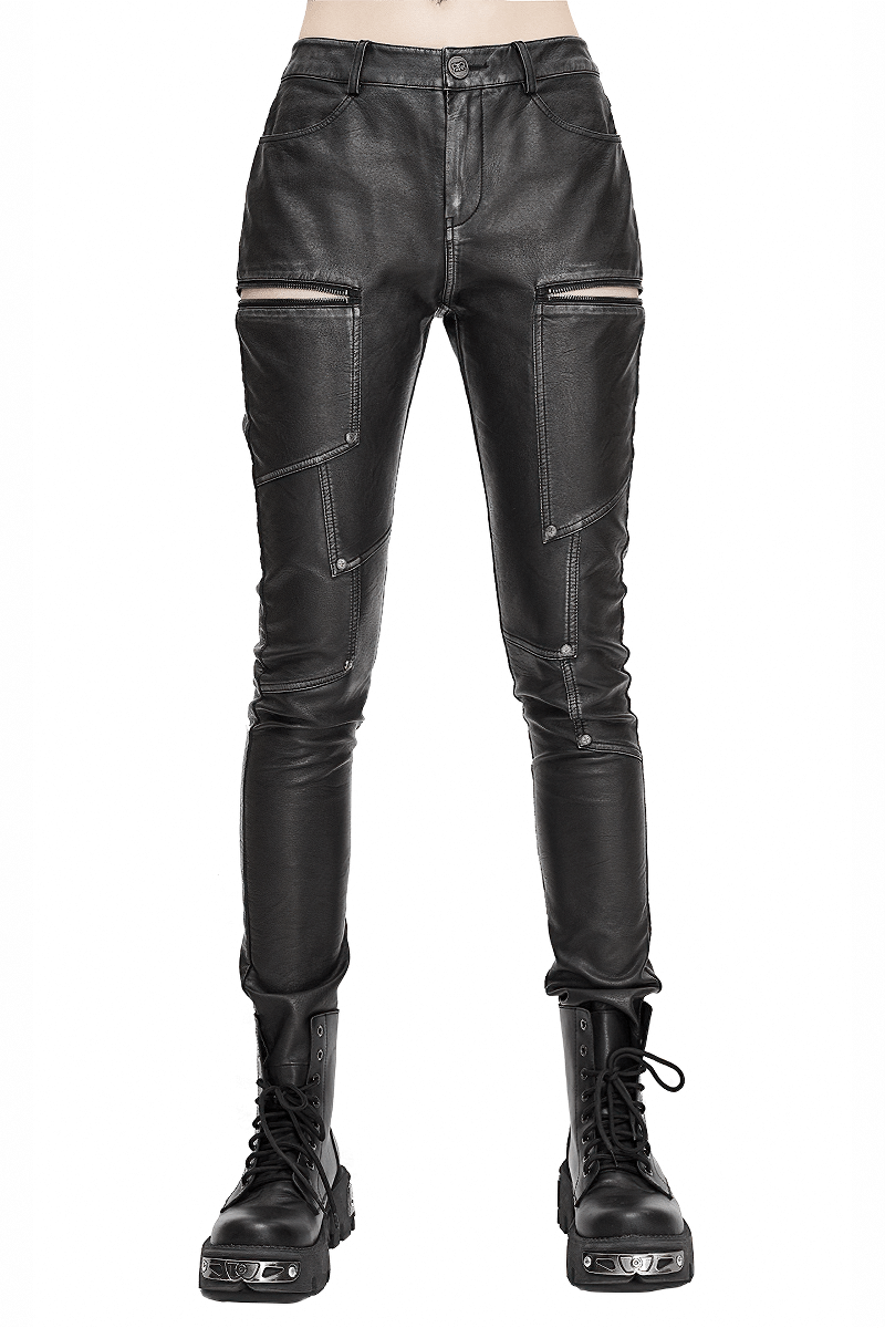 Women's Gothic Faux Leather Zipper Fitted Pants / Punk Style Mid Waist Slim Trousers Pants - HARD'N'HEAVY