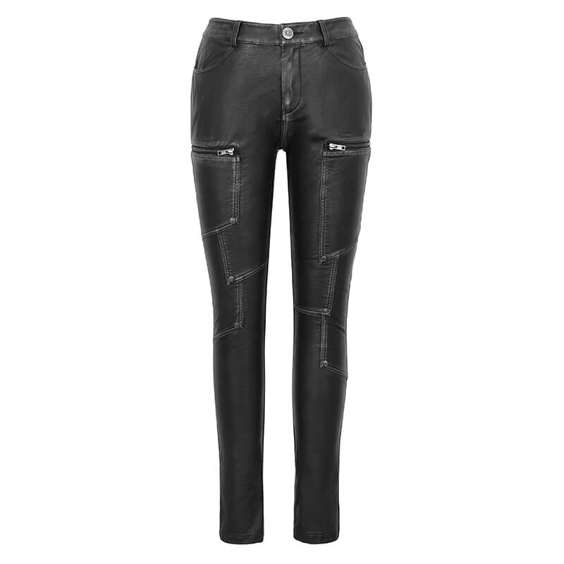 Women's Gothic Faux Leather Zipper Fitted Pants / Punk Style Mid Waist Slim Trousers Pants - HARD'N'HEAVY