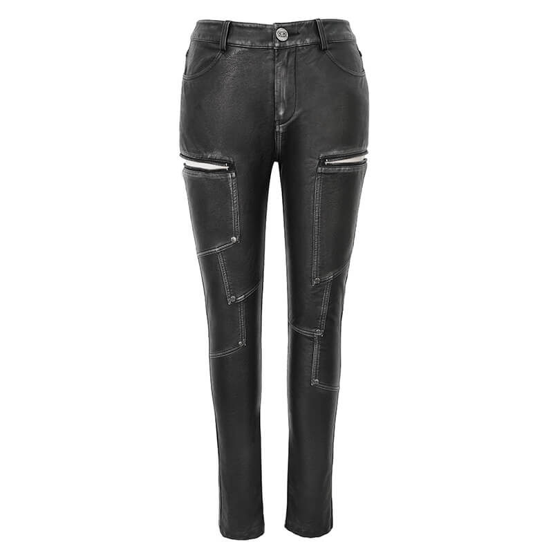 Women's Gothic Faux Leather Zipper Fitted Pants / Punk Style Mid Waist Slim Trousers Pants - HARD'N'HEAVY