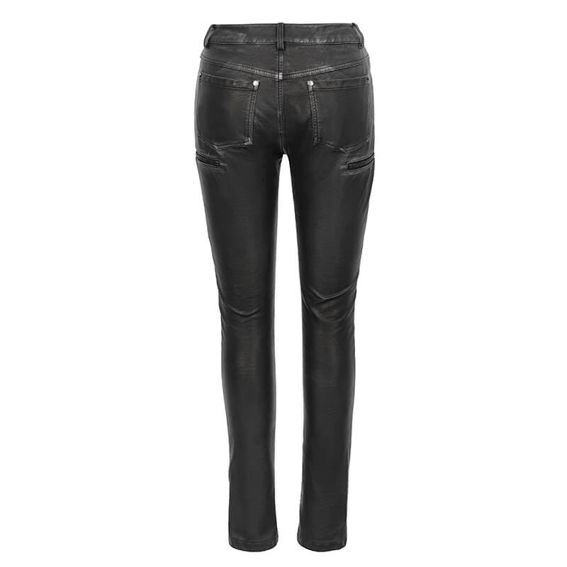 Women's Gothic Faux Leather Zipper Fitted Pants / Punk Style Mid Waist Slim Trousers Pants - HARD'N'HEAVY