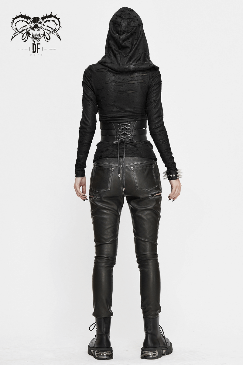 Women's Gothic Faux Leather Zipper Fitted Pants / Punk Style Mid Waist Slim Trousers Pants - HARD'N'HEAVY