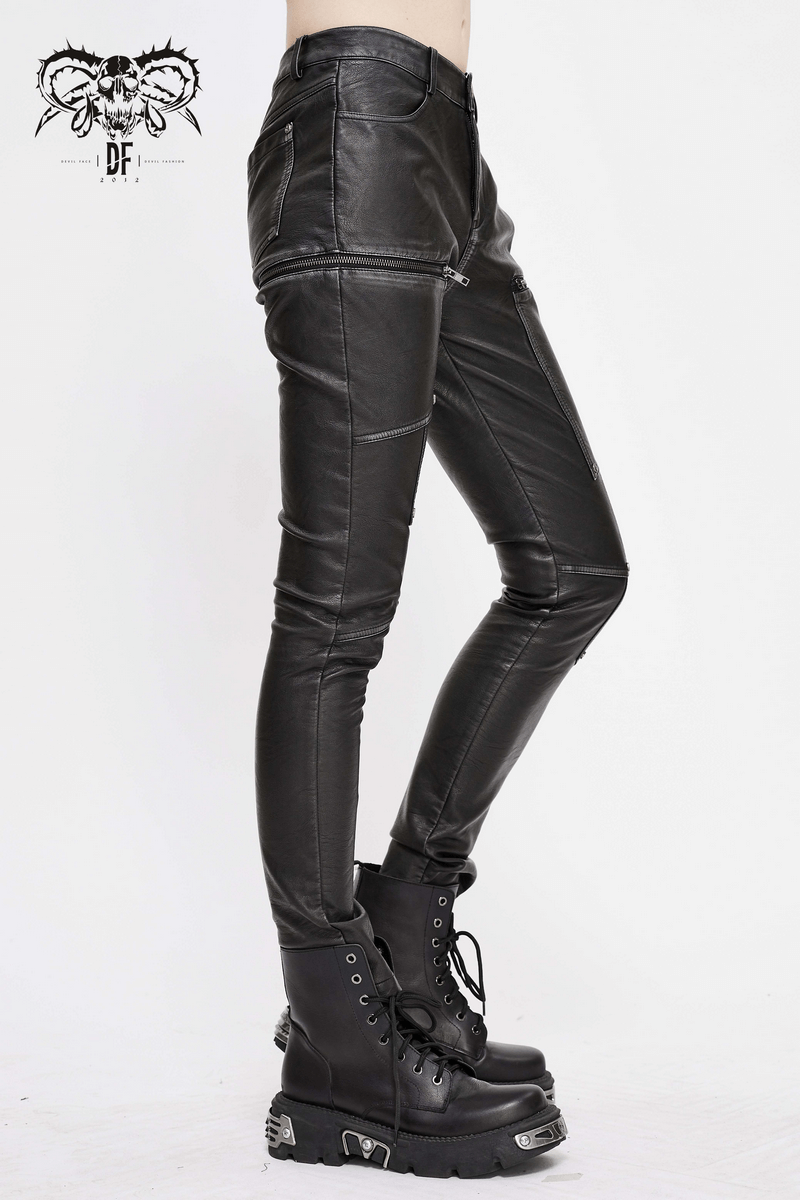 Women's Gothic Faux Leather Zipper Fitted Pants / Punk Style Mid Waist Slim Trousers Pants - HARD'N'HEAVY