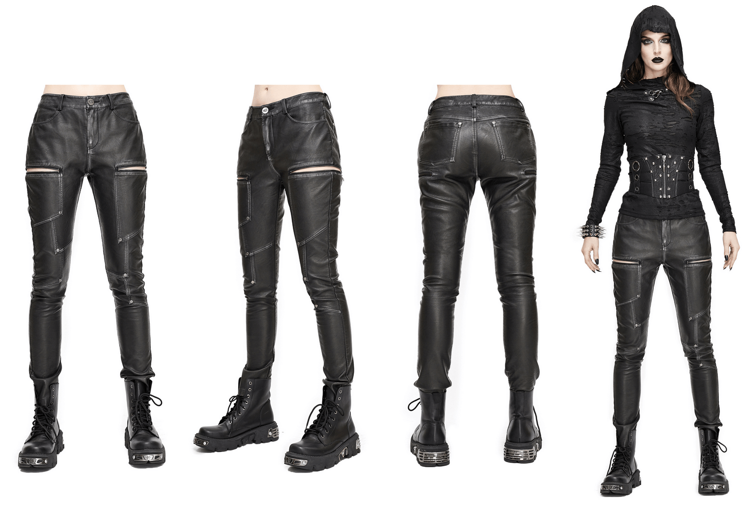 Women's Gothic Faux Leather Zipper Fitted Pants / Punk Style Mid Waist Slim Trousers Pants - HARD'N'HEAVY