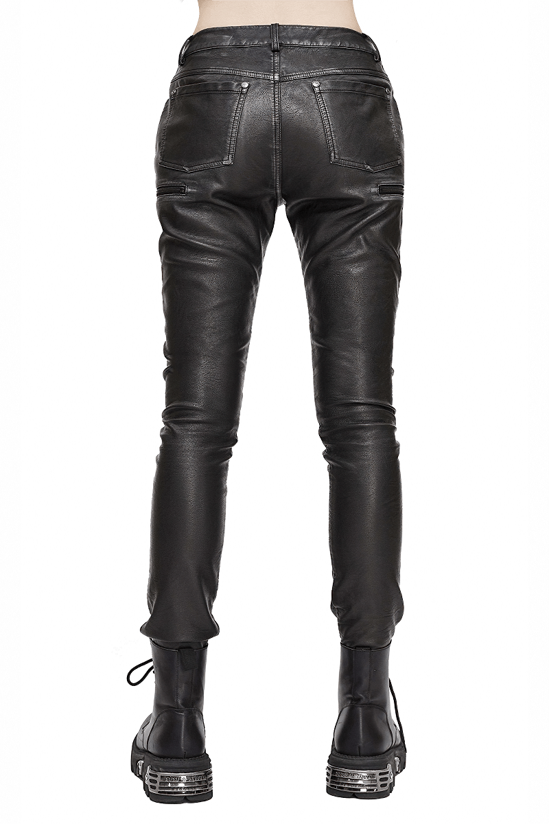 Women's Gothic Faux Leather Zipper Fitted Pants / Punk Style Mid Waist Slim Trousers Pants - HARD'N'HEAVY