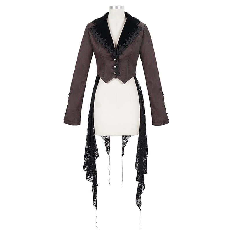 Women's Gothic flare sleeved wine red jacket with lace splices and vintage design.